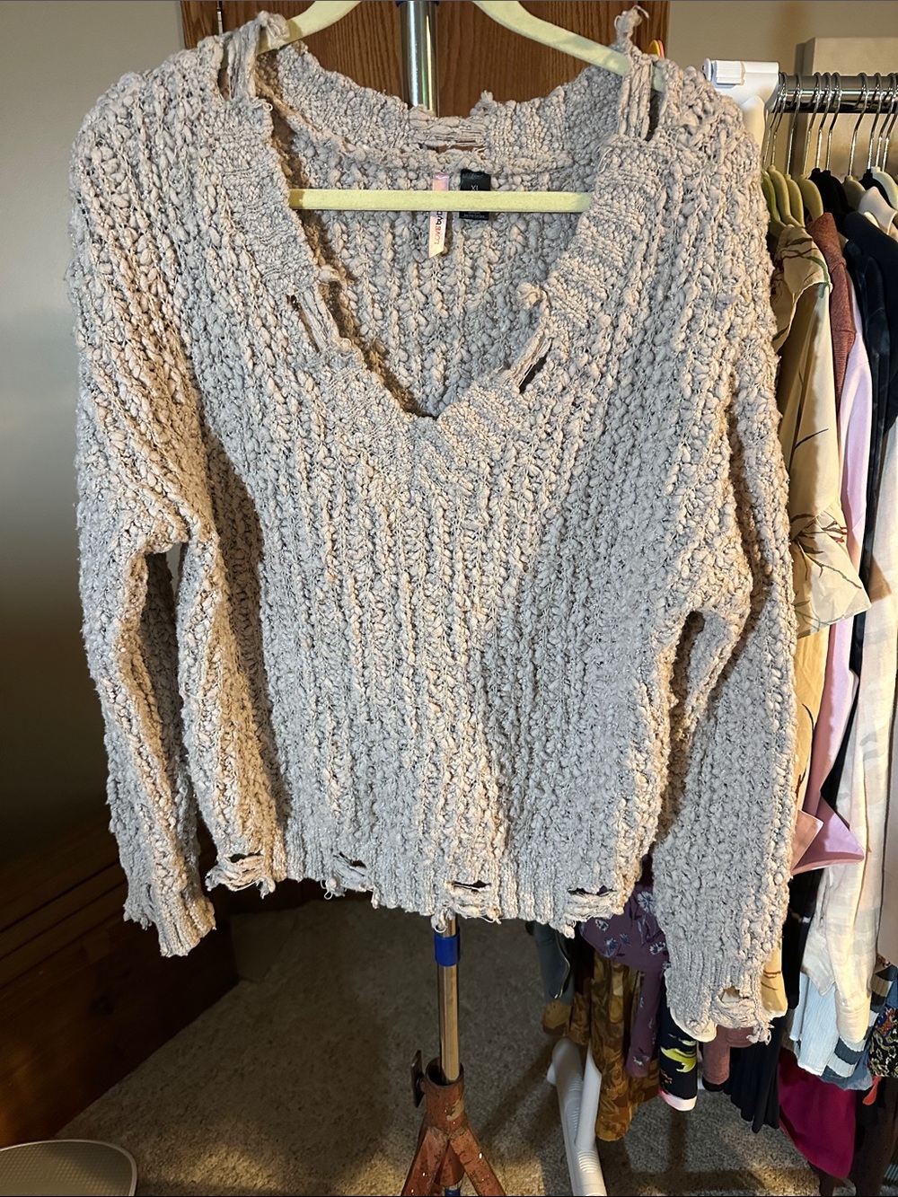 Love By Design Distressed V-Neck Popcorn Knit Sweater - Light Taupe